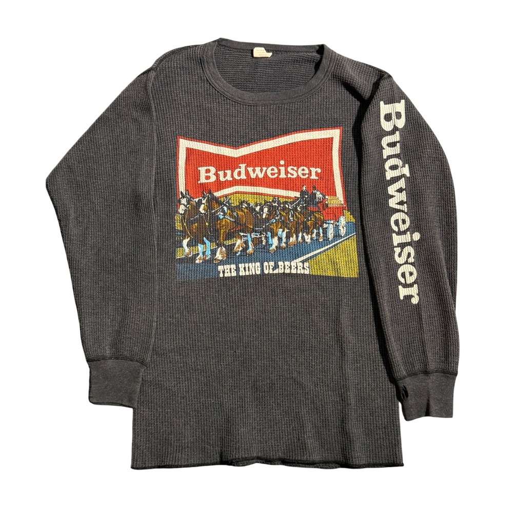 Vintage Budweiser Clydesdales Thermal Shirt Mens Large Gray Waffle Knit USA Made